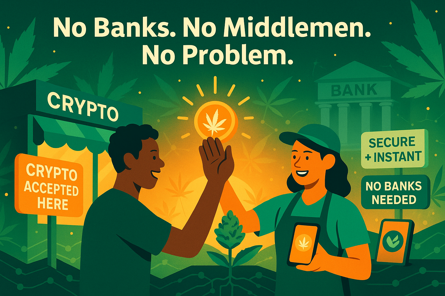Avatar using WeedCoin to pay at dispensary as bank fades in background and crypto takes center stage