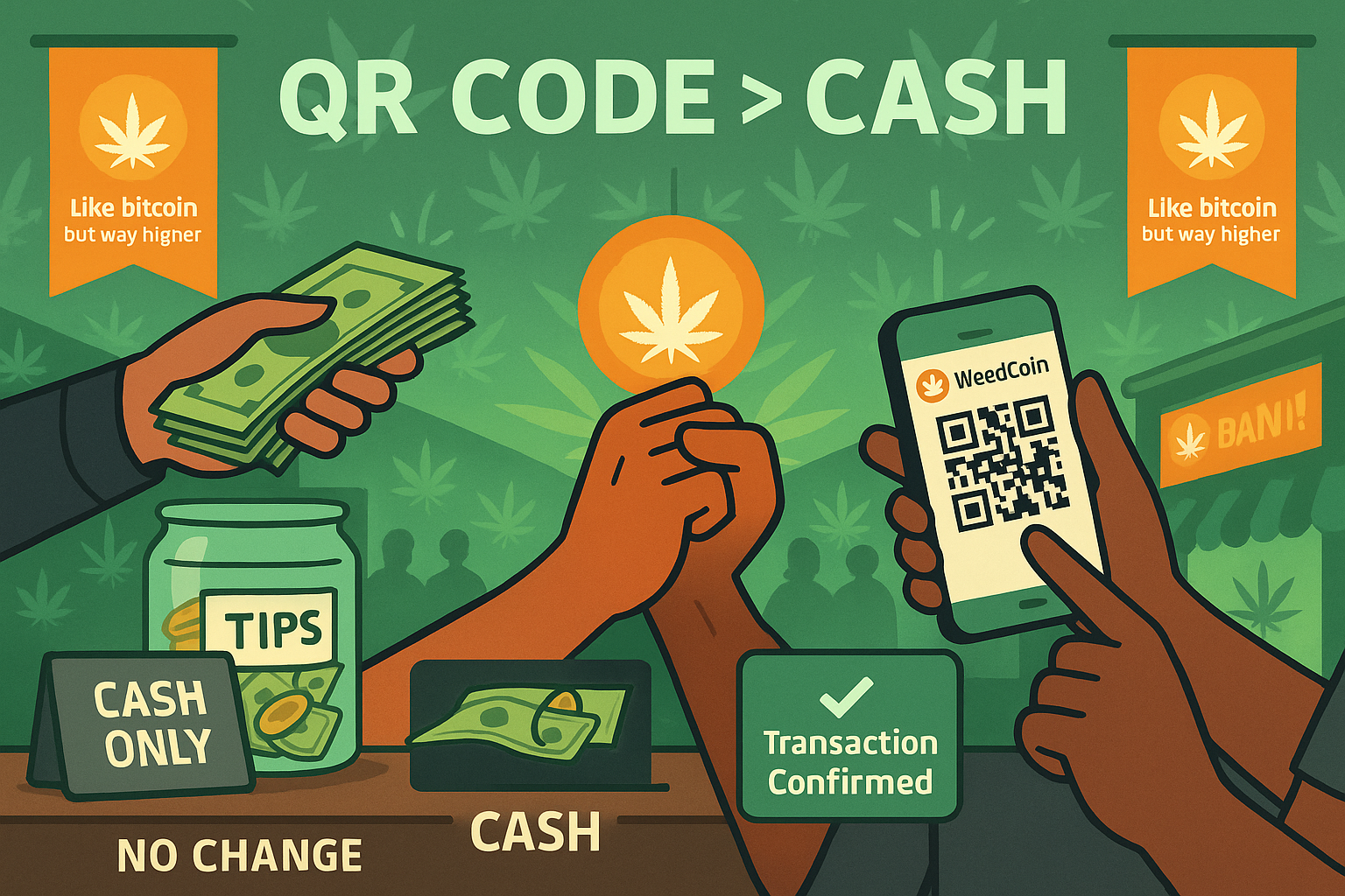 Comparison of crypto vs. cash showing customer using WeedCoin QR code for faster, digital cannabis payment
