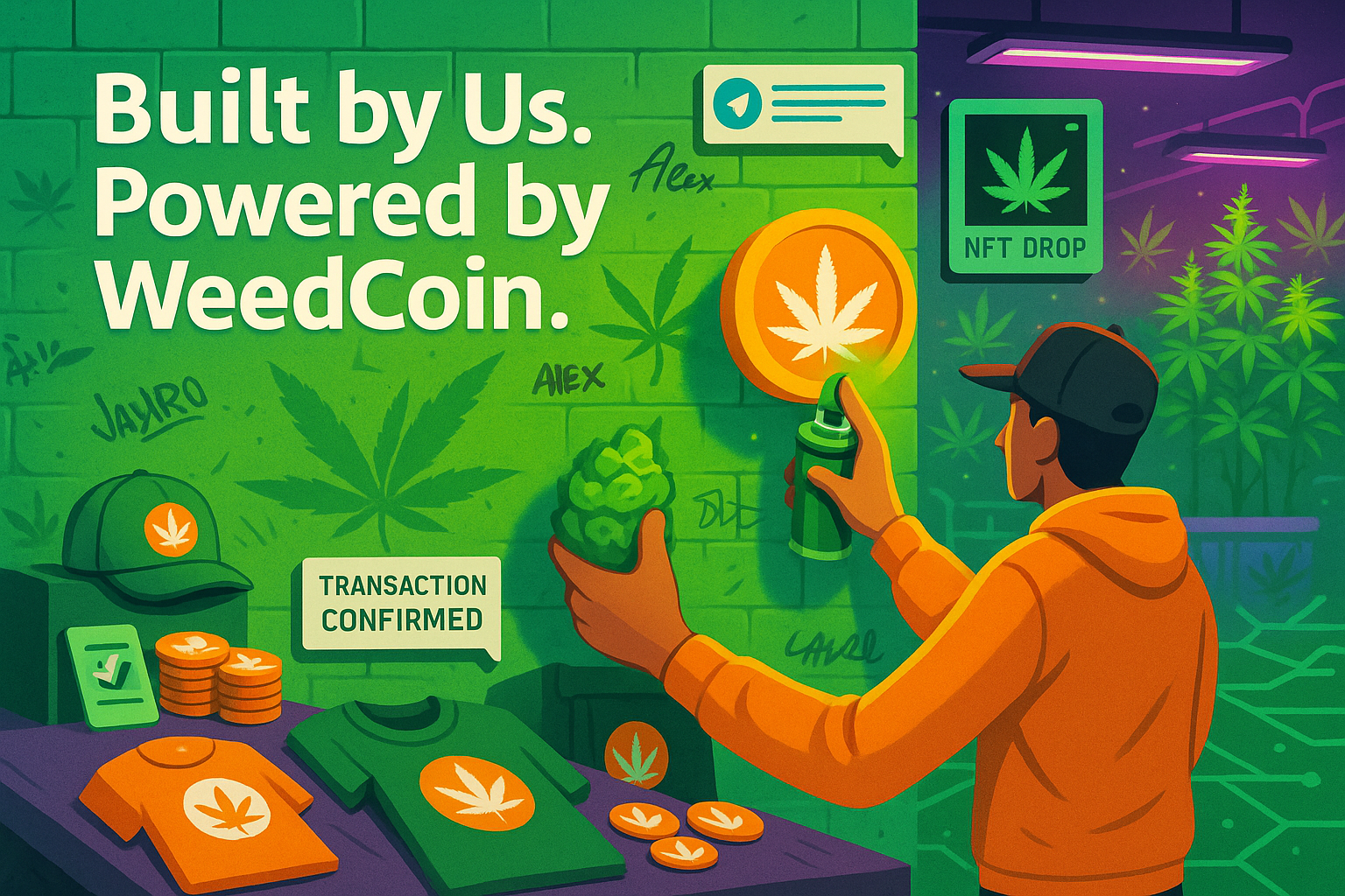 Avatar painting WeedCoin mural with merch, social posts, and cannabis-powered crypto community in background
