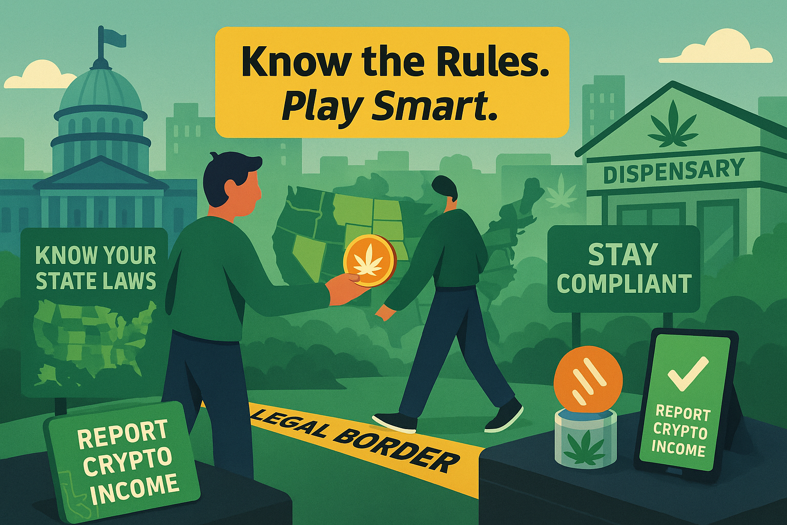 Avatar crossing state legal border while holding WeedCoin with regulatory signs and law-themed backdrop