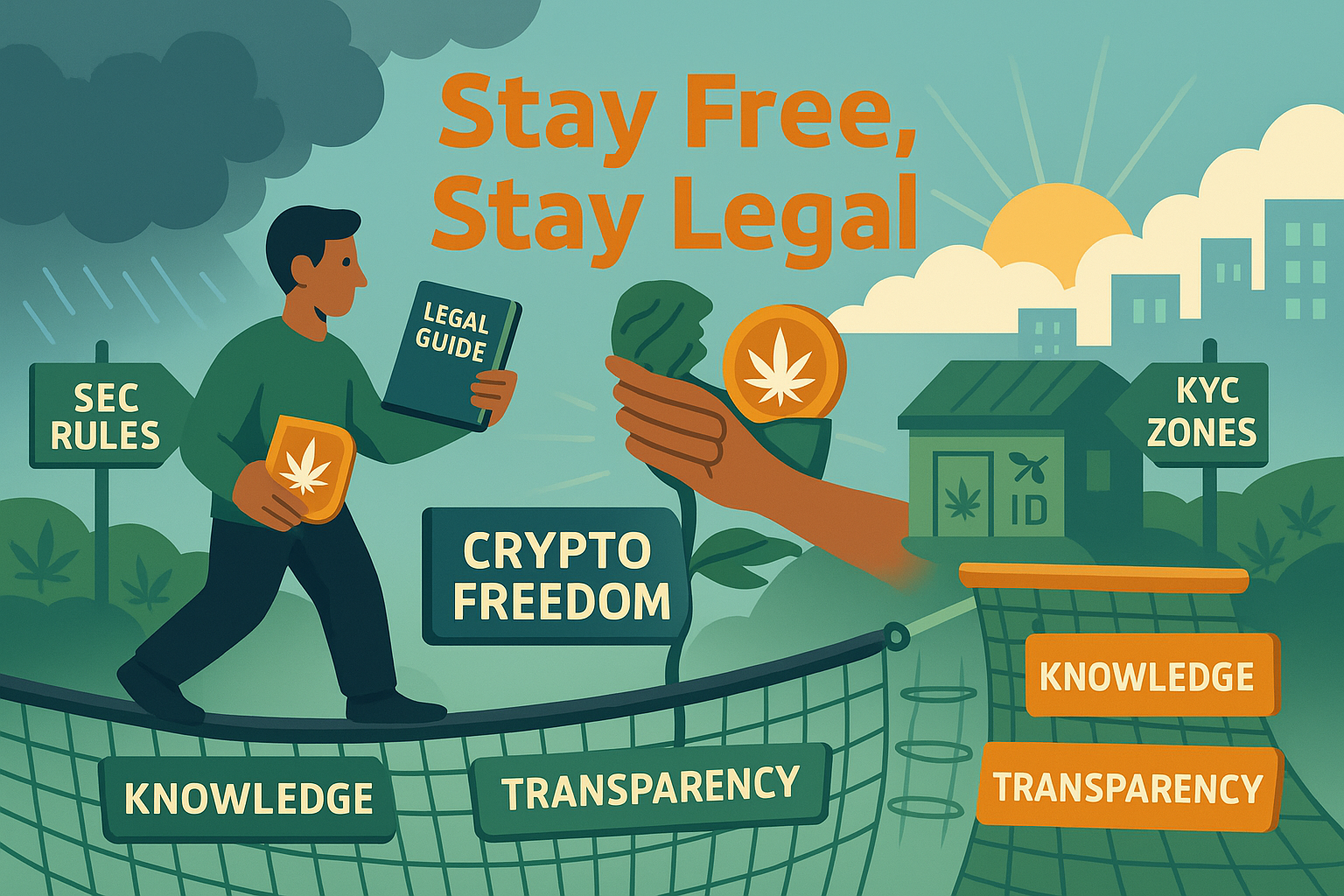 Avatar reviewing crypto compliance book with WeedCoin and legal symbols for SEC, exchanges, and global laws