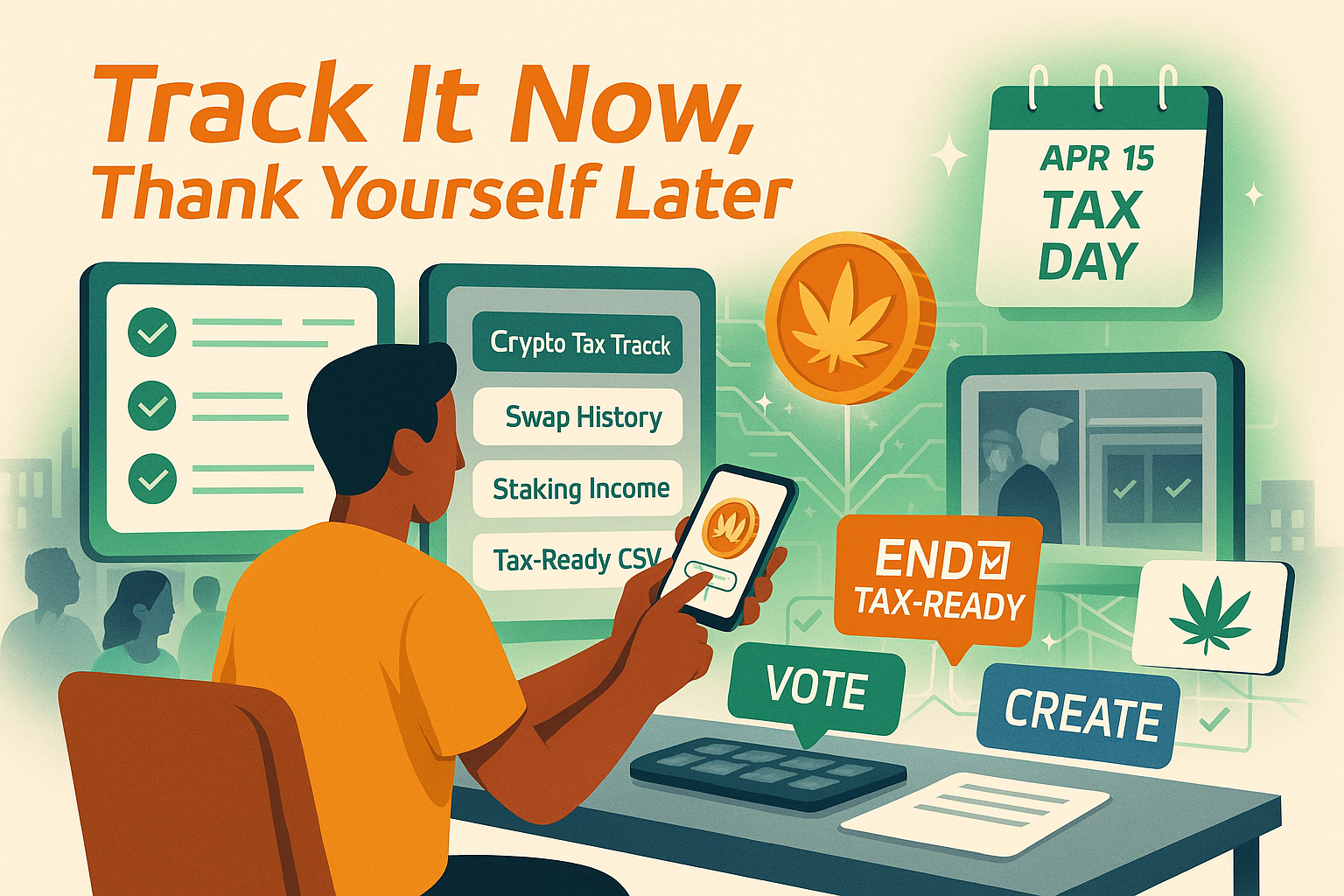 Avatar organizing WeedCoin transactions in crypto tax tracker app with confirmation screens and deadline calendar