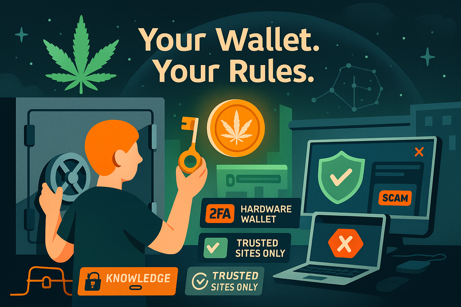 Avatar securing crypto vault with wallet safety tips and blocked scam sites in a protected Web3 environment