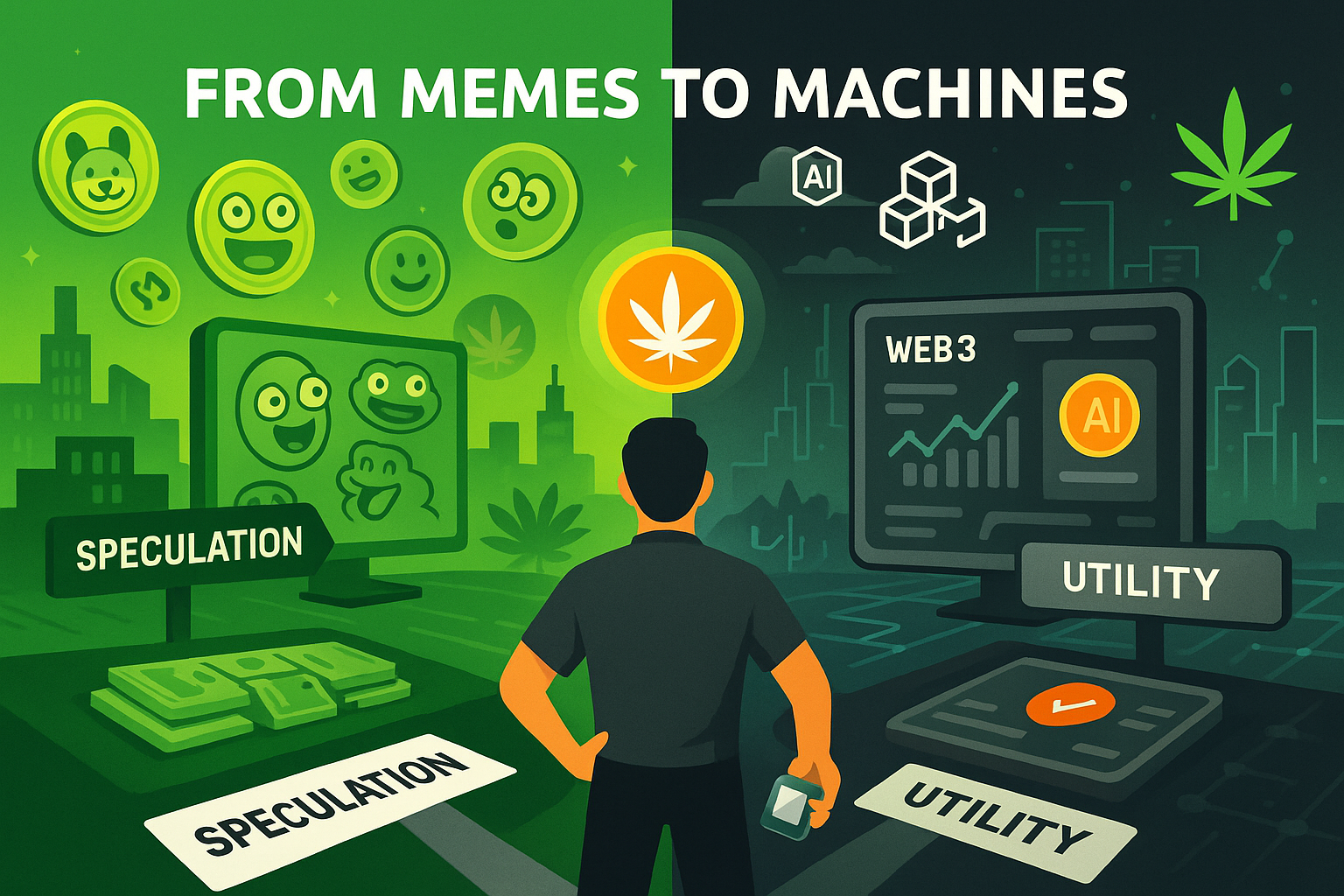 Split-screen of meme coin chaos vs. future tech dashboard with avatar choosing the utility-driven Web3 path