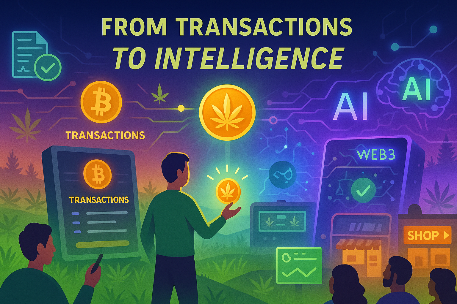 Avatar bridging early Bitcoin transaction tech to modern AI blockchain interface using WeedCoin visuals