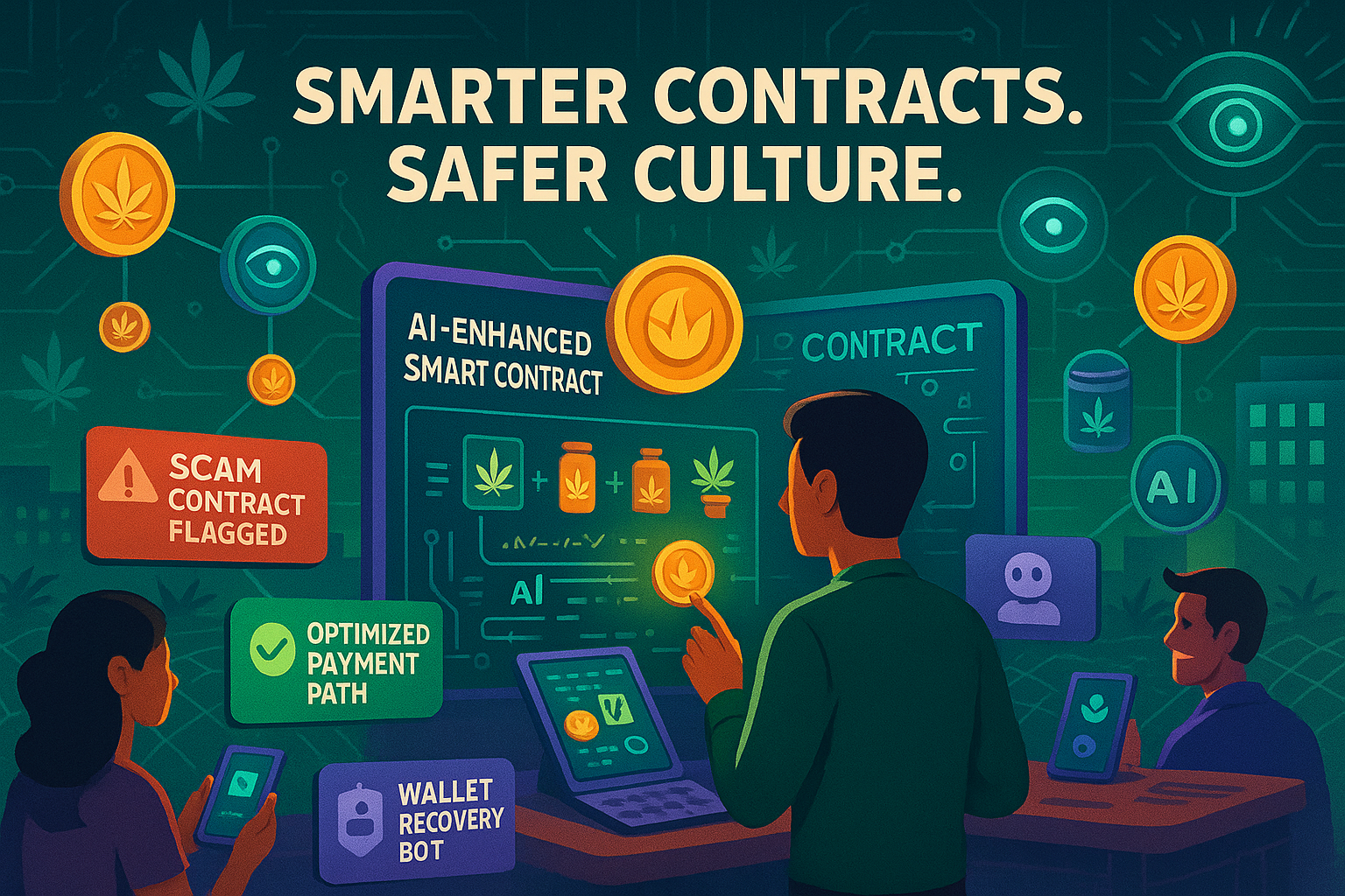 Avatar designing AI-powered smart contracts with WeedCoin tools for safer, smarter cannabis crypto systems