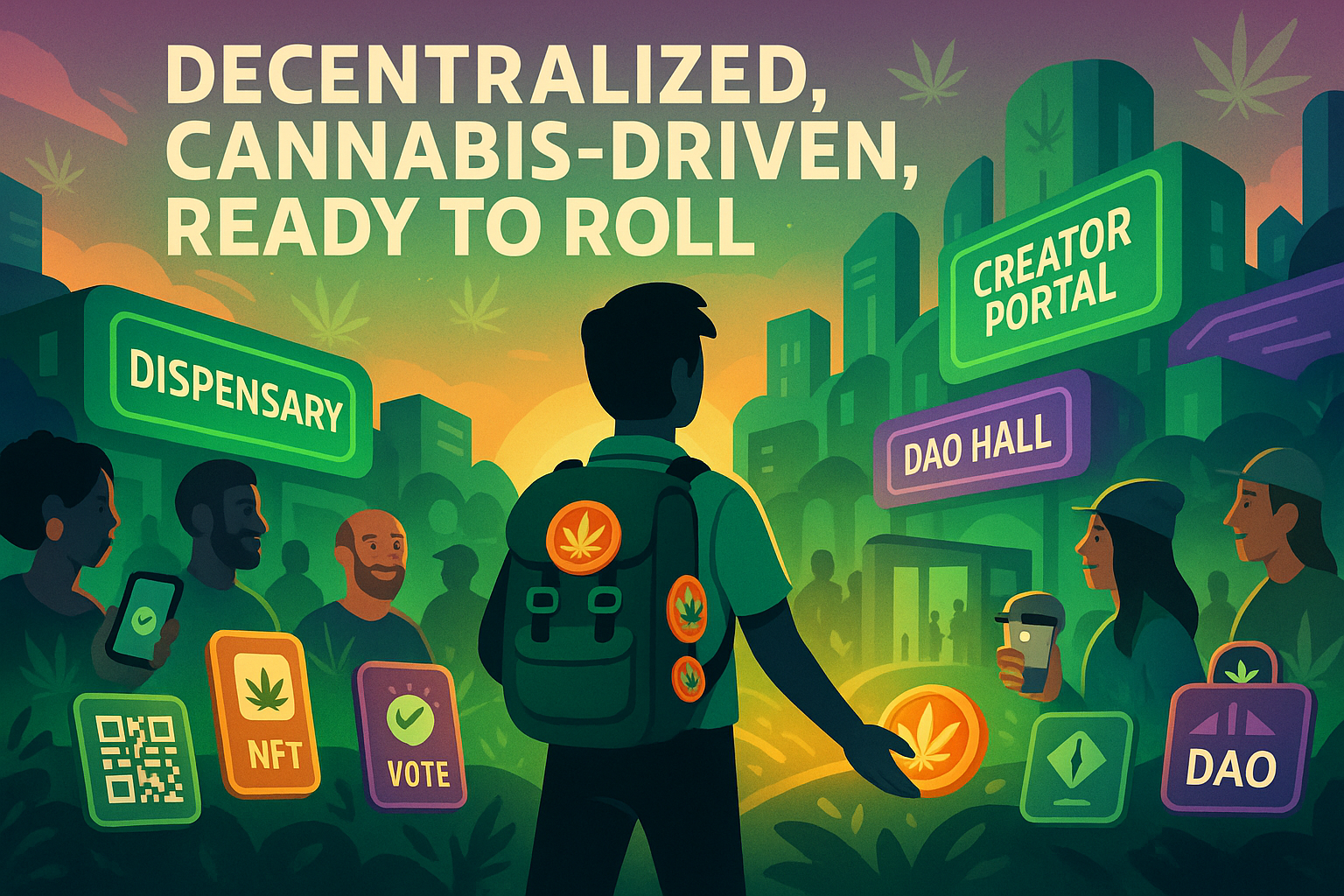 Avatar walking into the future of WeedCoin: DAO, dispensary, creator zones, and decentralized cannabis culture