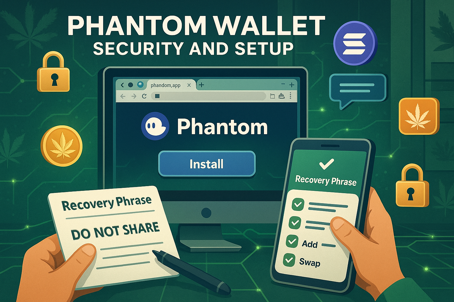 Phantom wallet being installed on desktop with seed phrase security visuals and cannabis-themed background