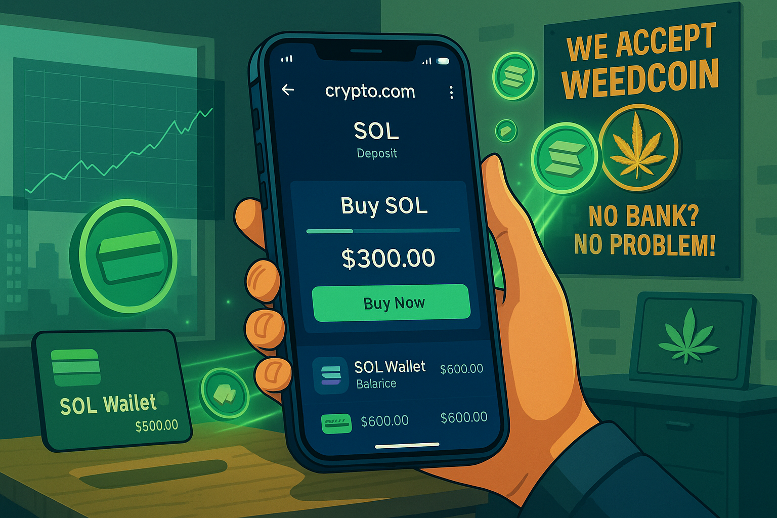 Crypto.com mobile app showing SOL purchase for Weedcoin with cannabis-themed background