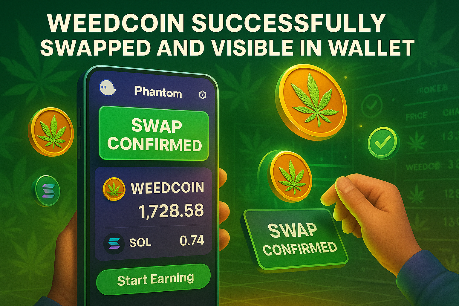 Weedcoin balance showing in Phantom wallet after successful token swap from SOL