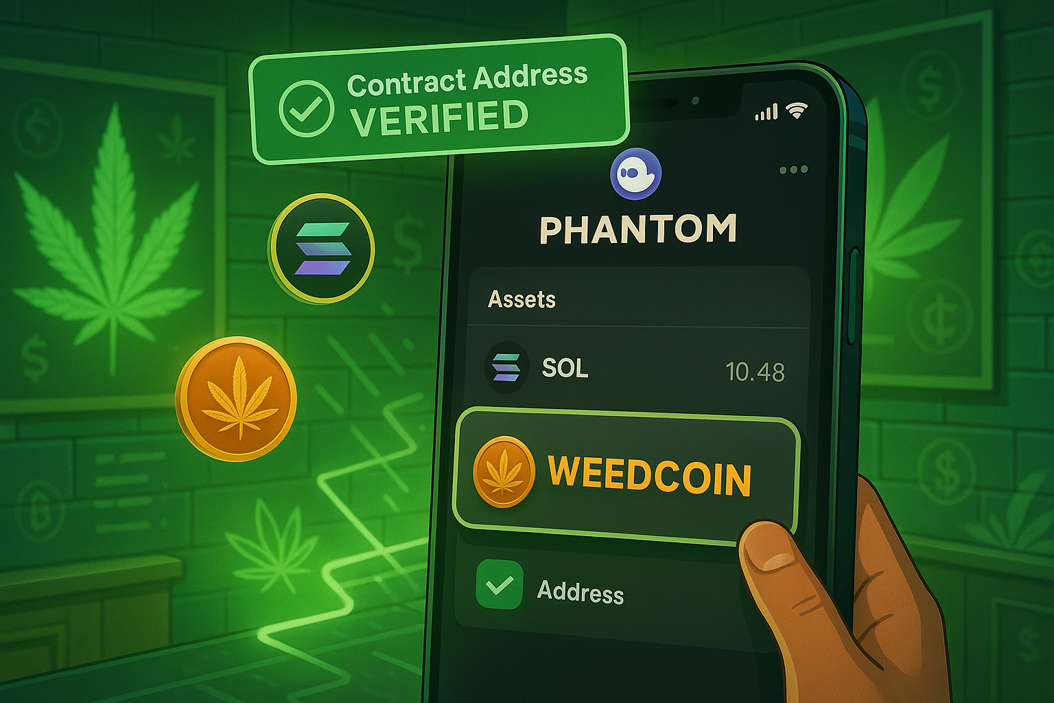 Phantom wallet interface showing Weedcoin manually added with correct Solana contract