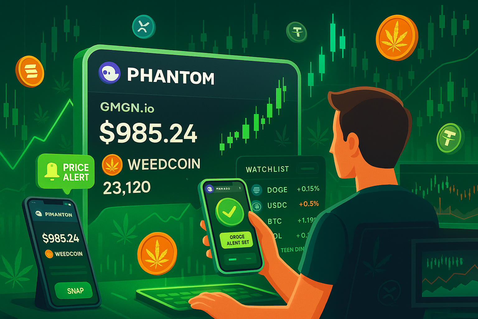 Live Weedcoin balance synced with GMGN.io tracker and market stats dashboard