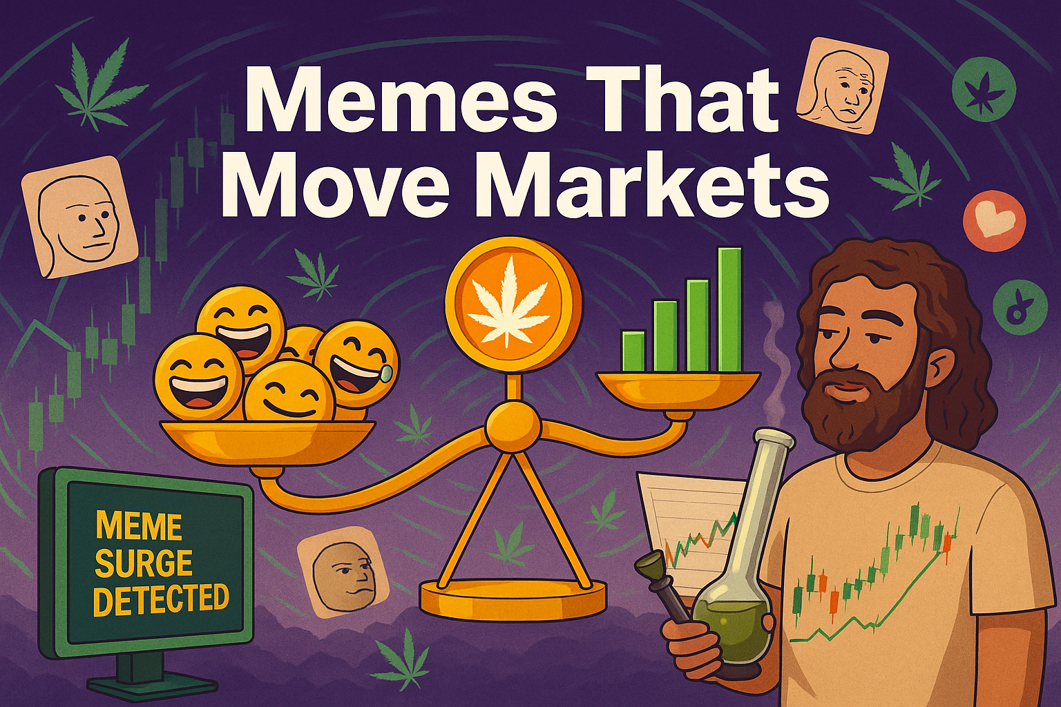 Meme coin scale balancing emojis and candlesticks with chart background
