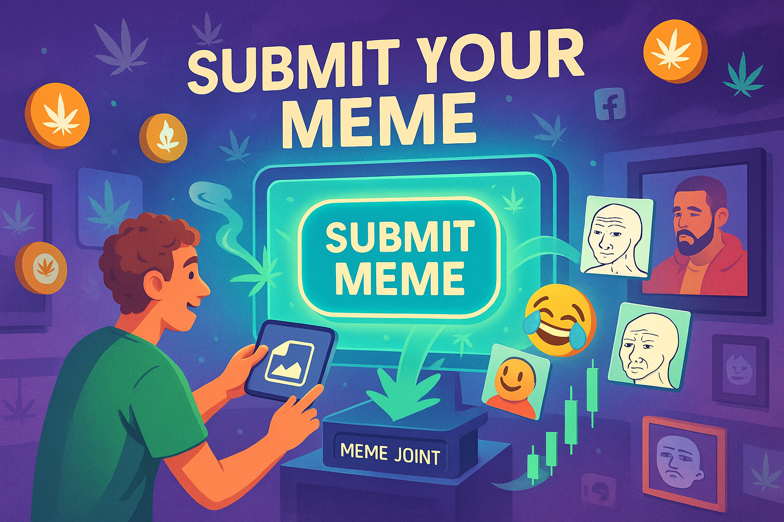 Avatar submitting meme to WeedCoin portal with floating templates and upload screen