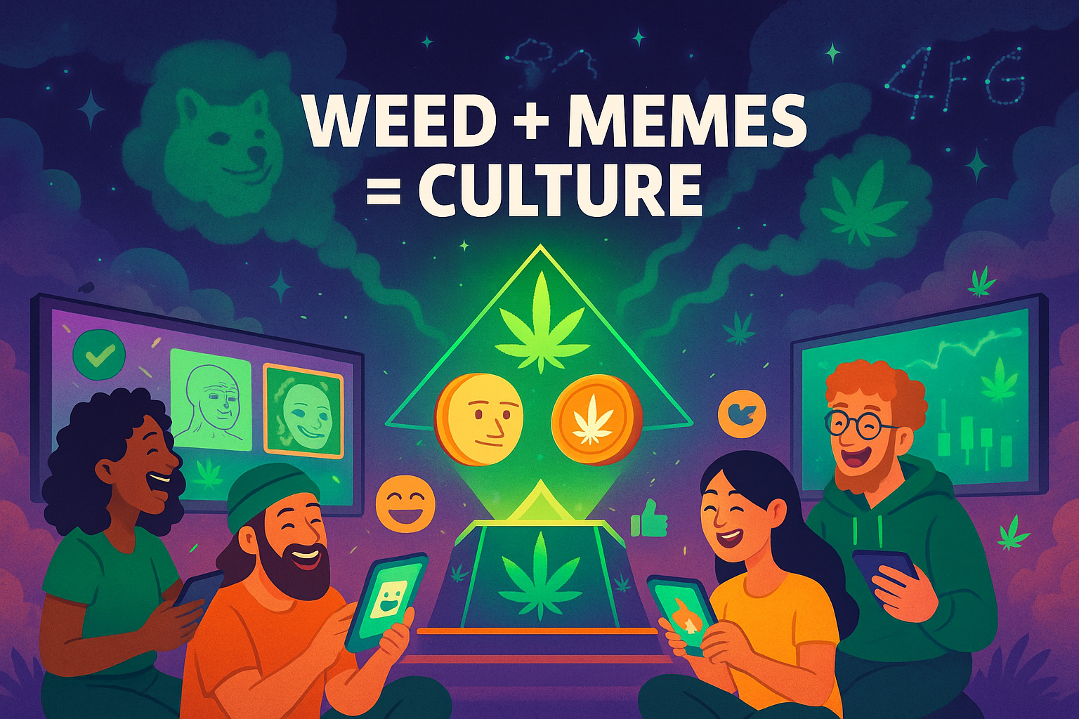Avatars sharing memes in a circle with floating weed symbols and meme icons in smoke