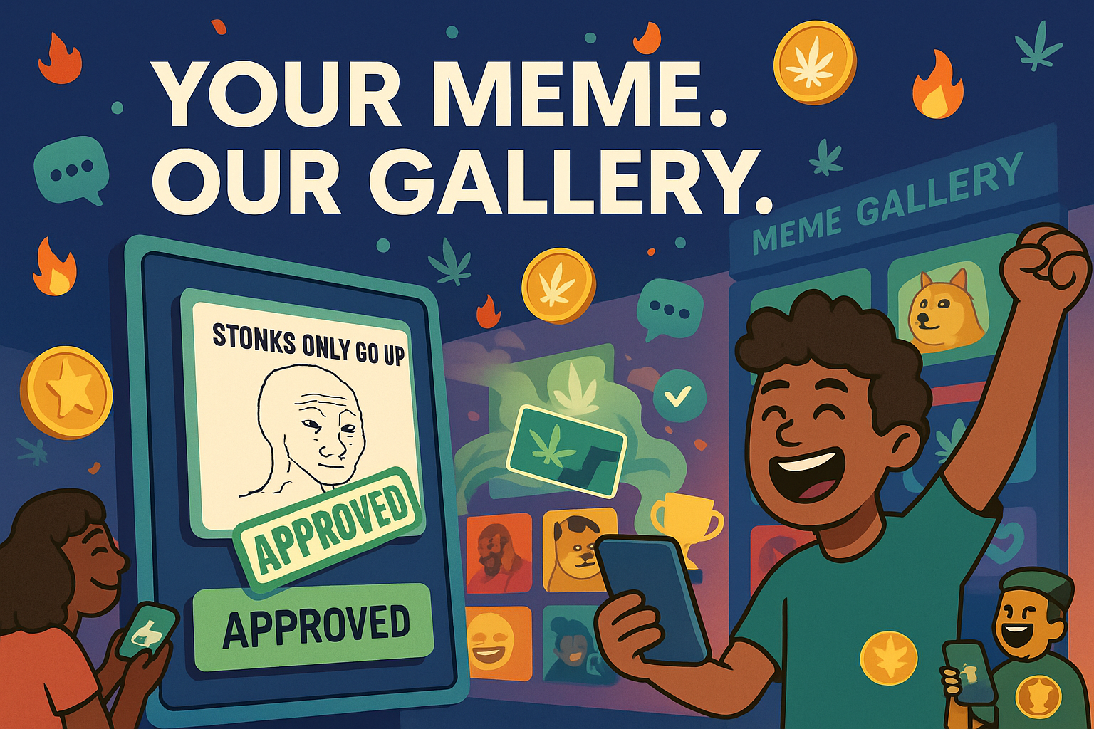 Approved meme displayed in WeedCoin gallery with avatar celebrating submission