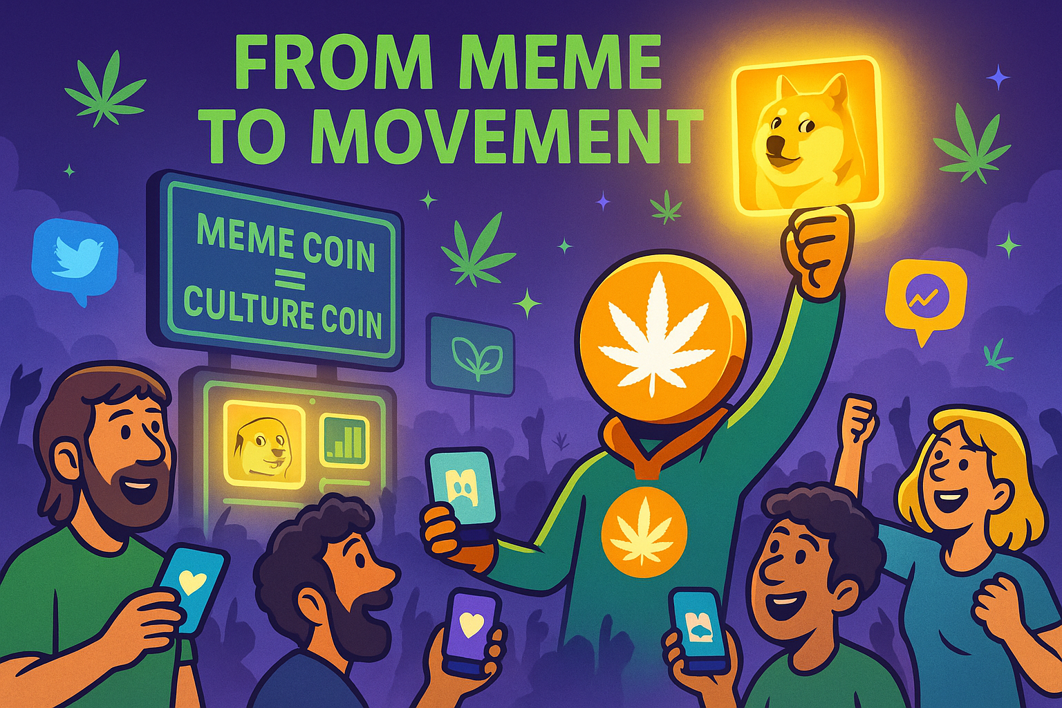 WeedCoin avatar leading meme coin movement with glowing meme and digital crowd