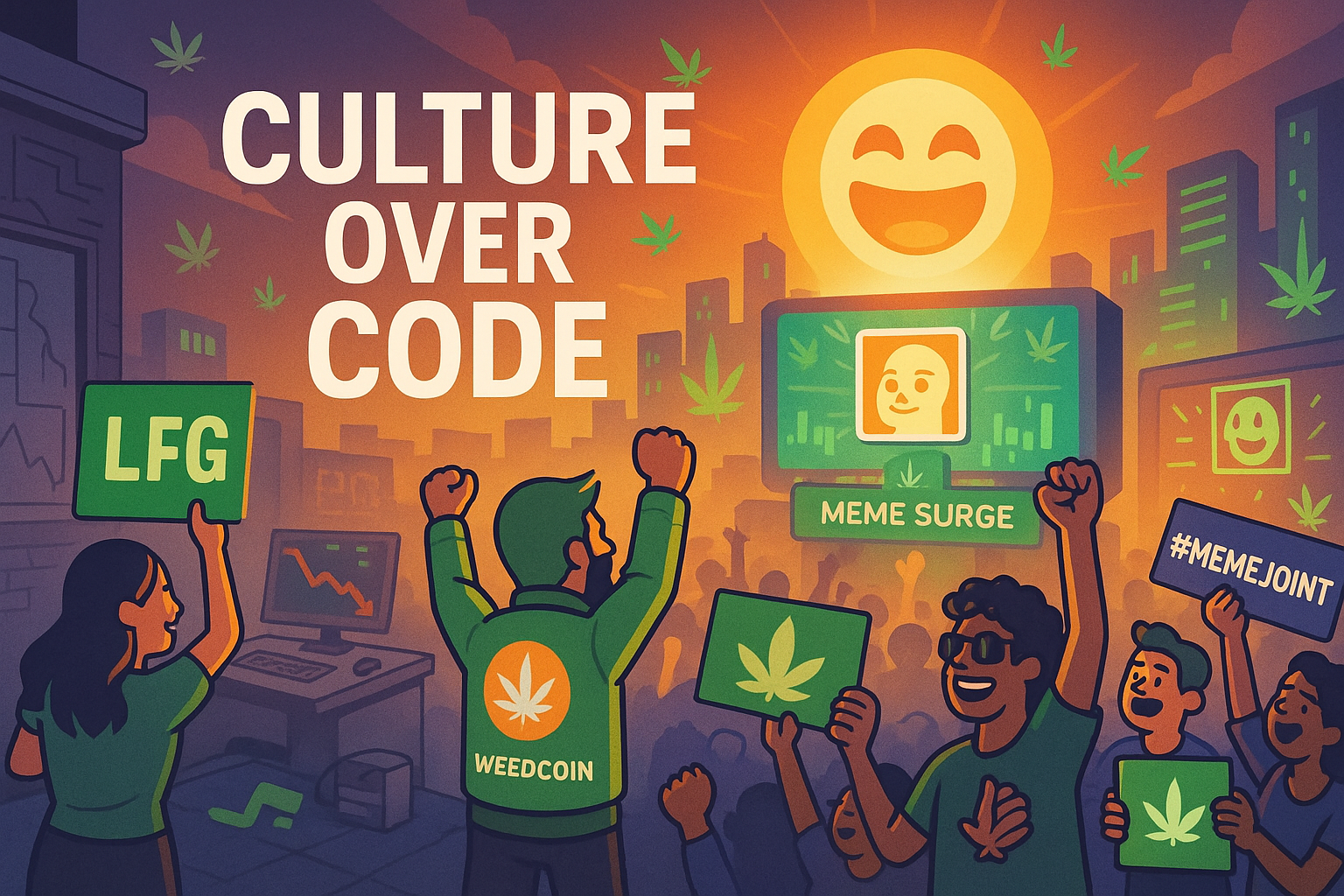 WeedCoin crowd celebrating meme culture with rising meme symbol and digital city