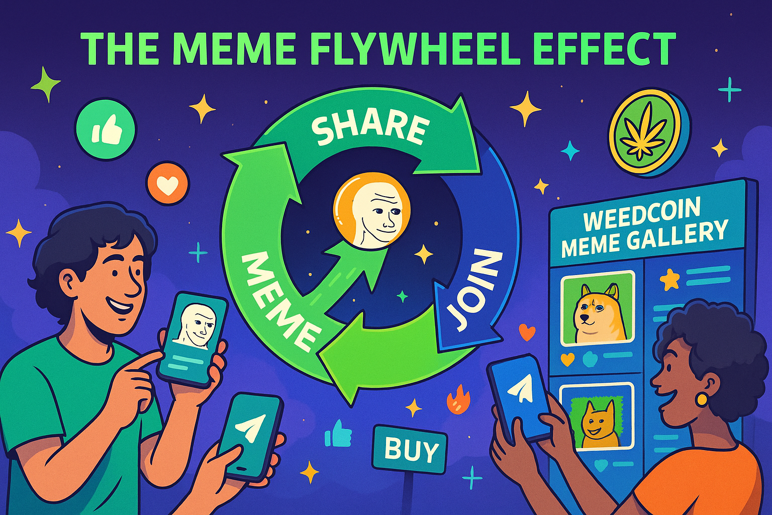 Flywheel showing how meme sharing drives growth in the WeedCoin ecosystem