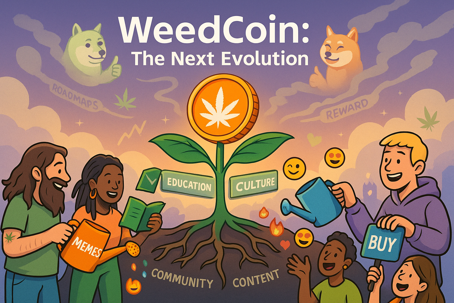 WeedCoin growing from culture roots with Doge and Shiba watching above