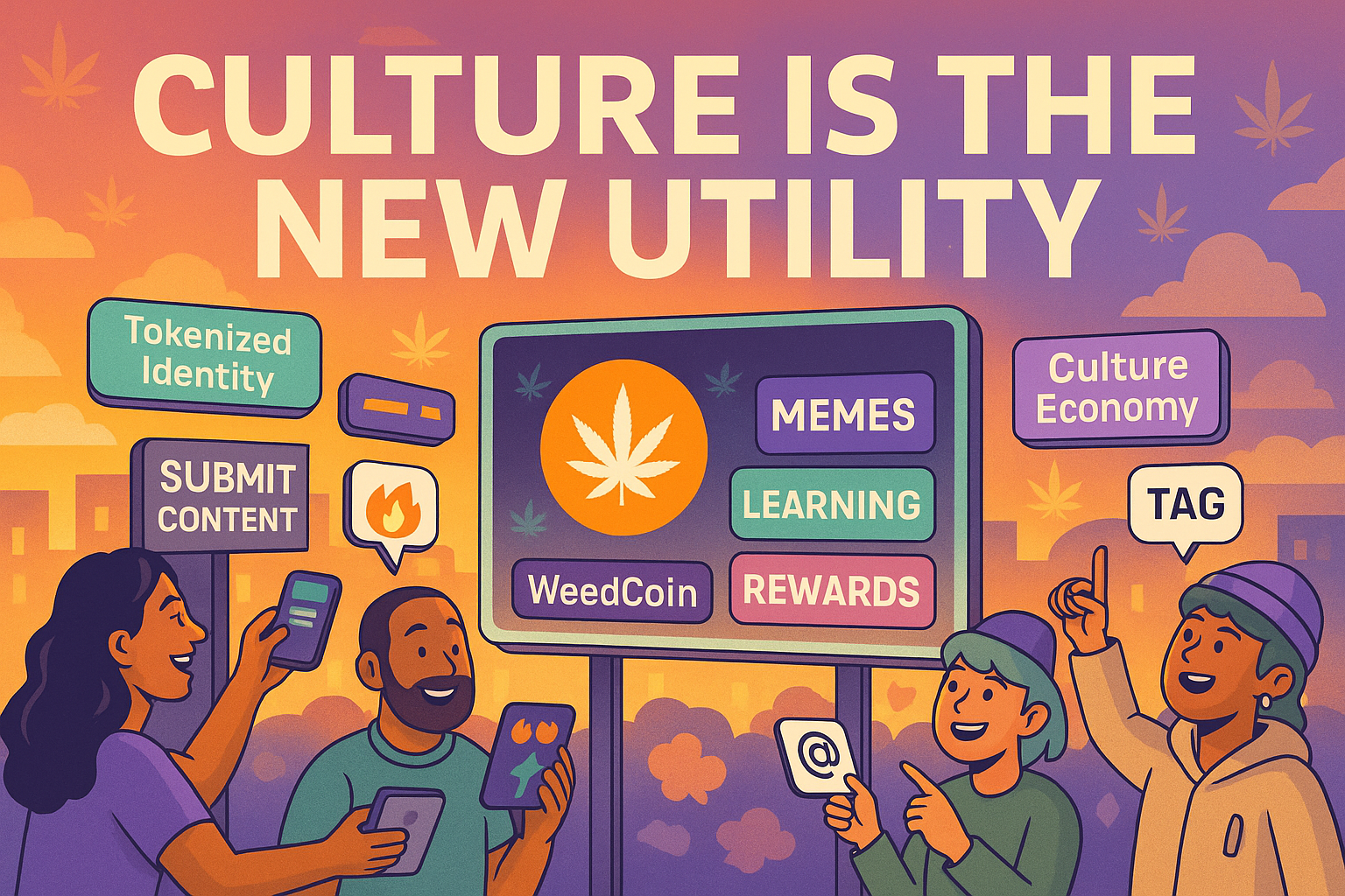 WeedCoin billboard showing culture-based crypto features with avatars interacting
