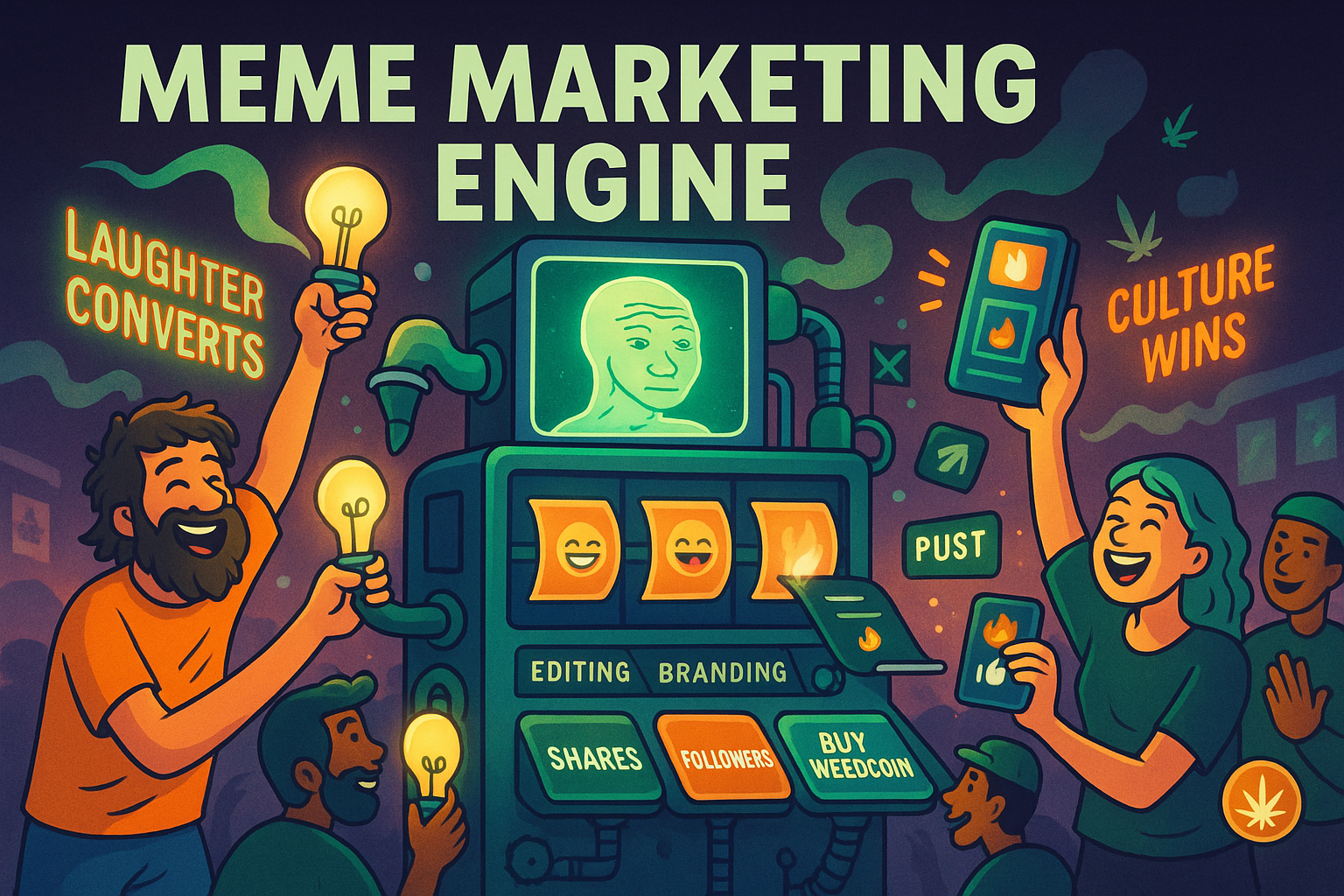 WeedCoin meme machine turning ideas into viral crypto content with avatars contributing