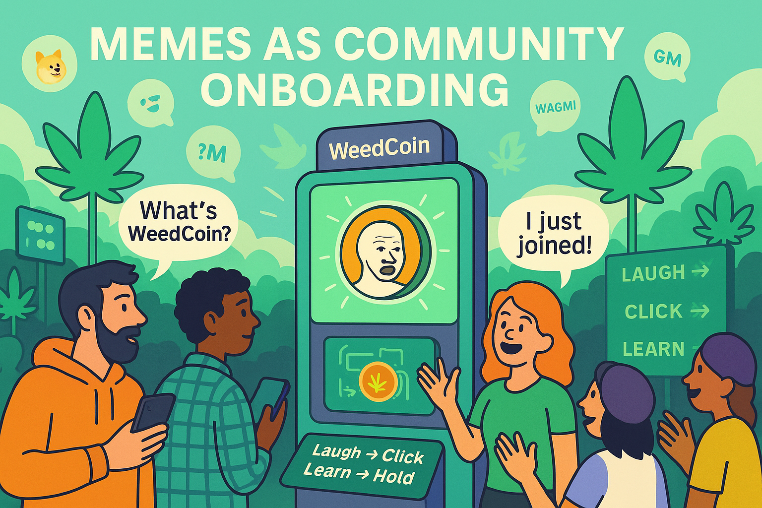 Avatars discovering WeedCoin through meme kiosk with onboarding flowchart