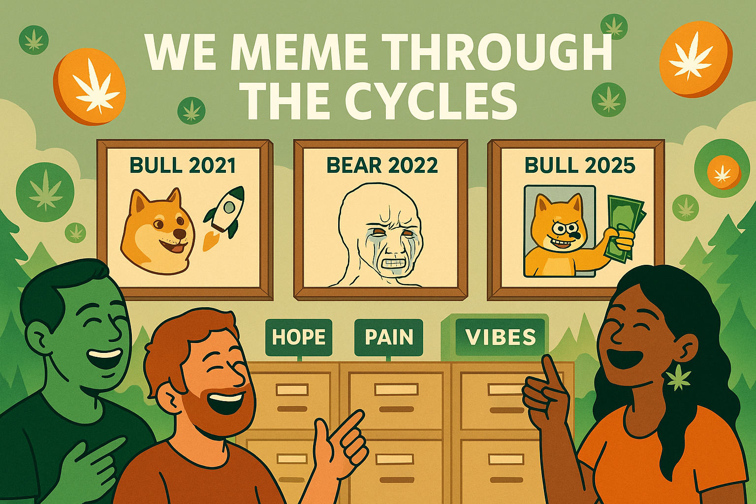 WeedCoin meme archive wall with avatars revisiting bull and bear market memes