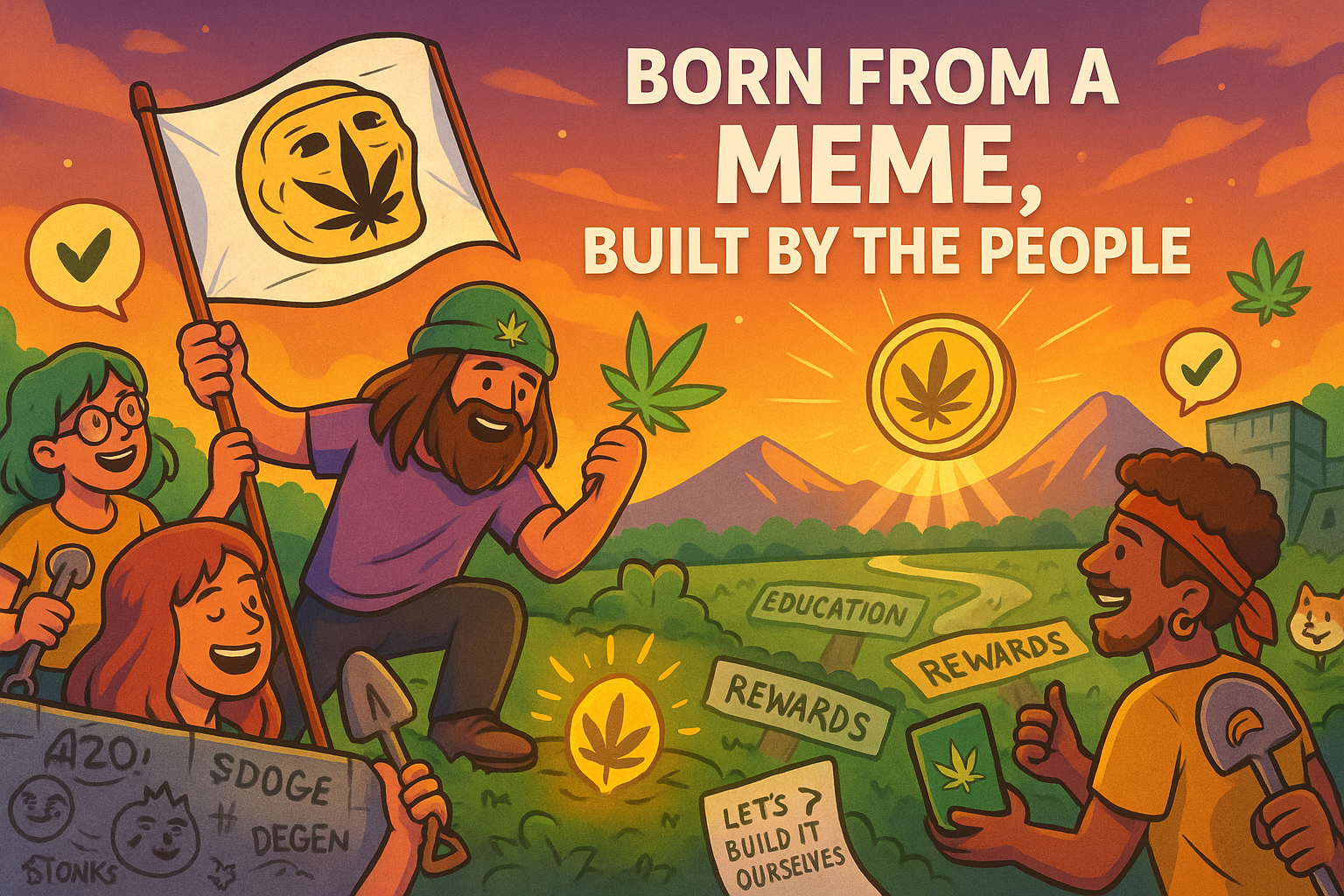 WeedCoin community raising meme flag with early sketches and reward pathways in background