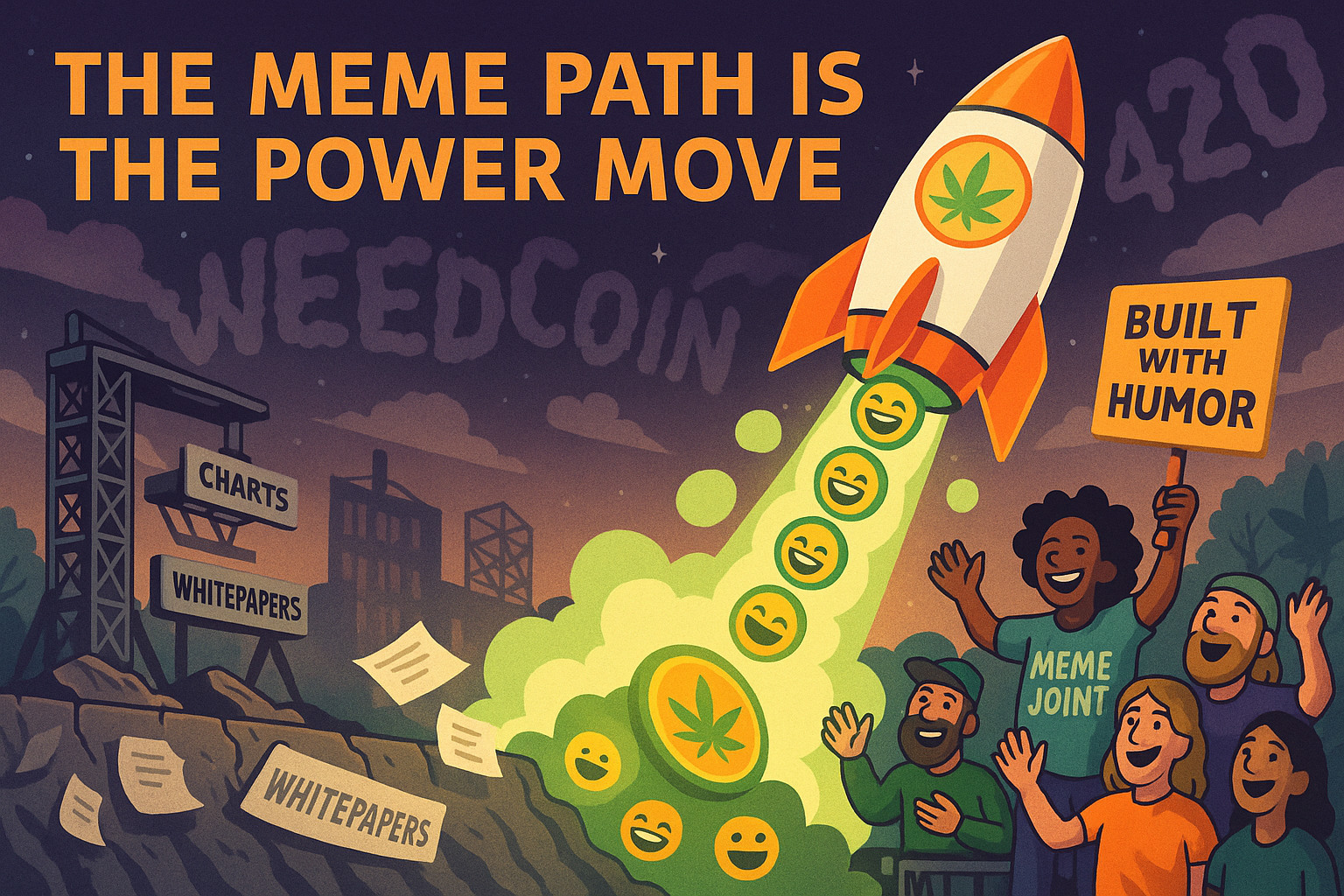 WeedCoin rocket fueled by memes taking off with community waving from meme platform