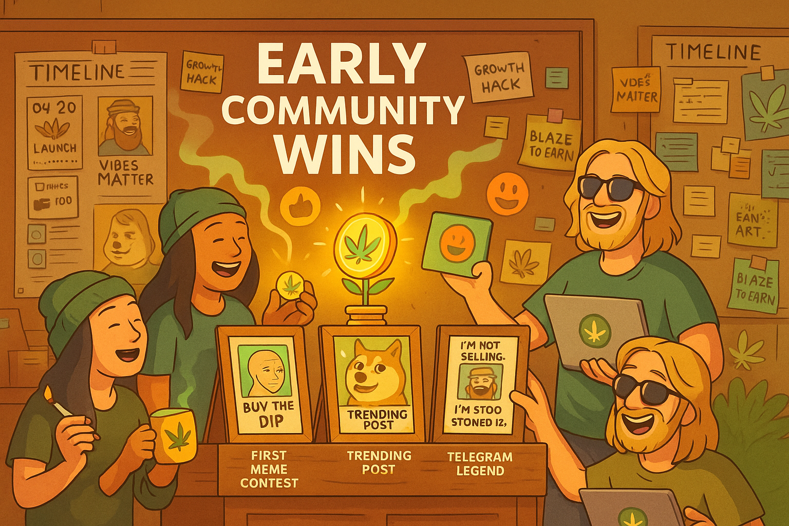 WeedCoin community celebrating early viral meme contest wins and social milestones