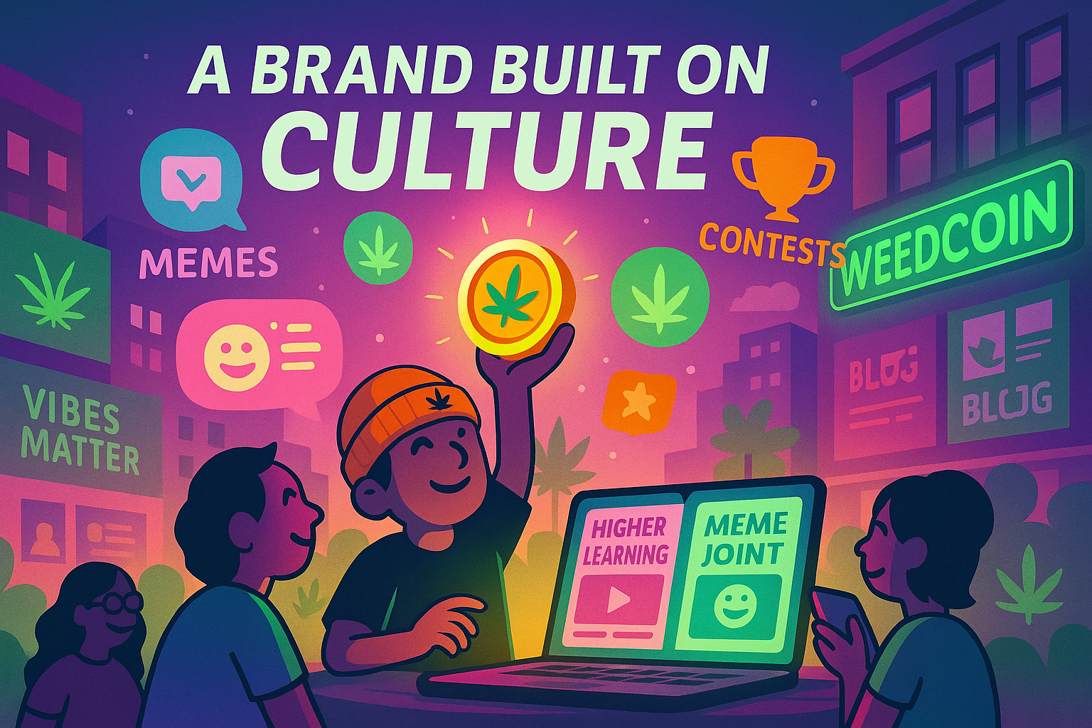 Avatar surrounded by WeedCoin content icons representing brand built on culture and community