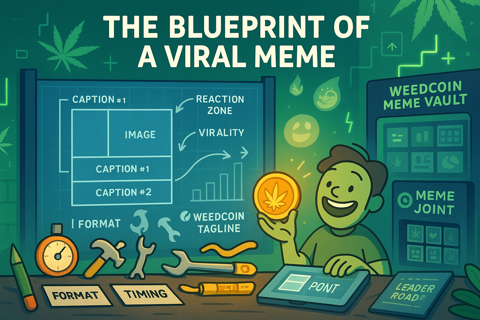 Blueprint-style breakdown of viral meme components with WeedCoin tools and templates
