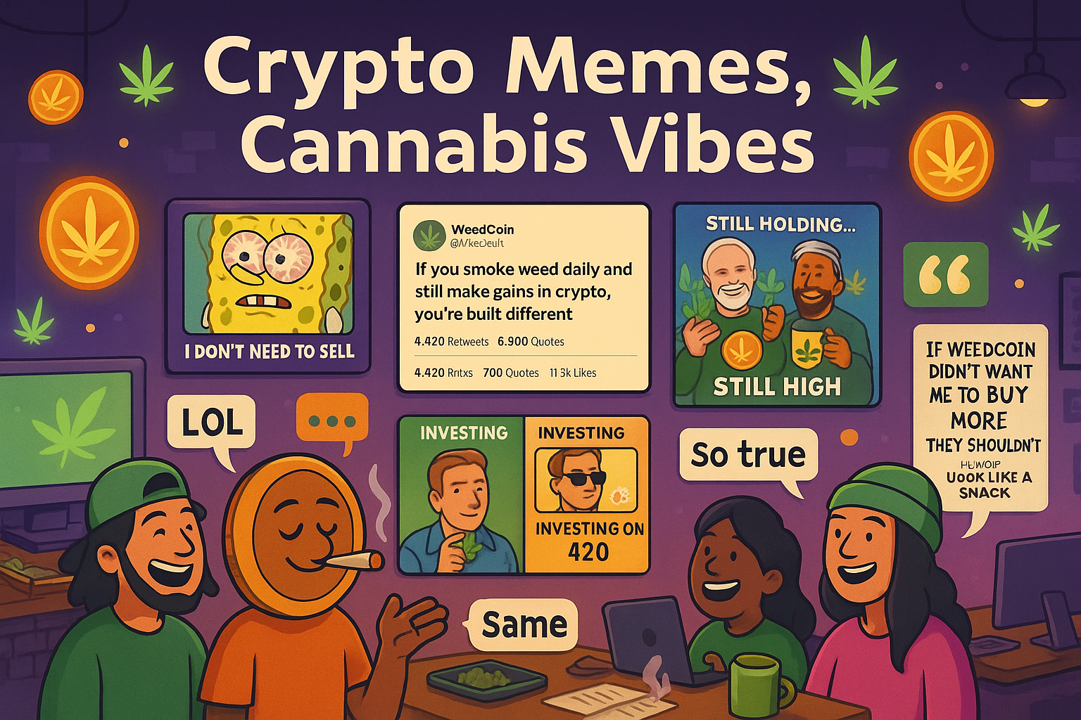 Display of top WeedCoin cannabis memes with avatars reacting in a hybrid dispensary and meme studio