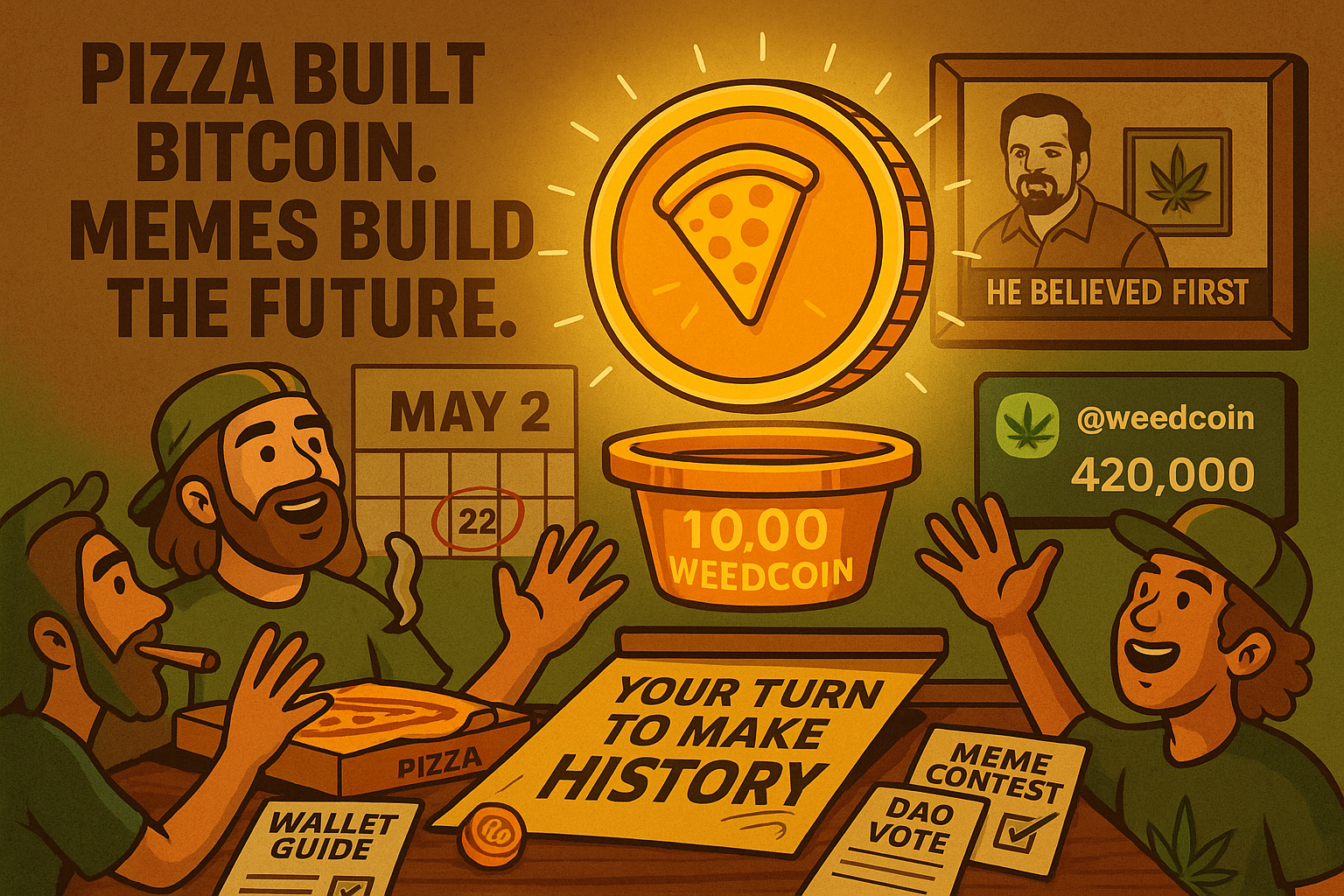 Weedcoin pizza token above a community table with crypto tools and Laszlo tribute