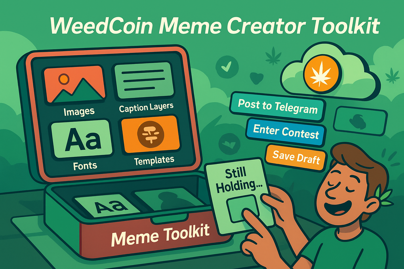 WeedCoin meme creator’s toolkit with templates, image assets, and platform buttons ready for use