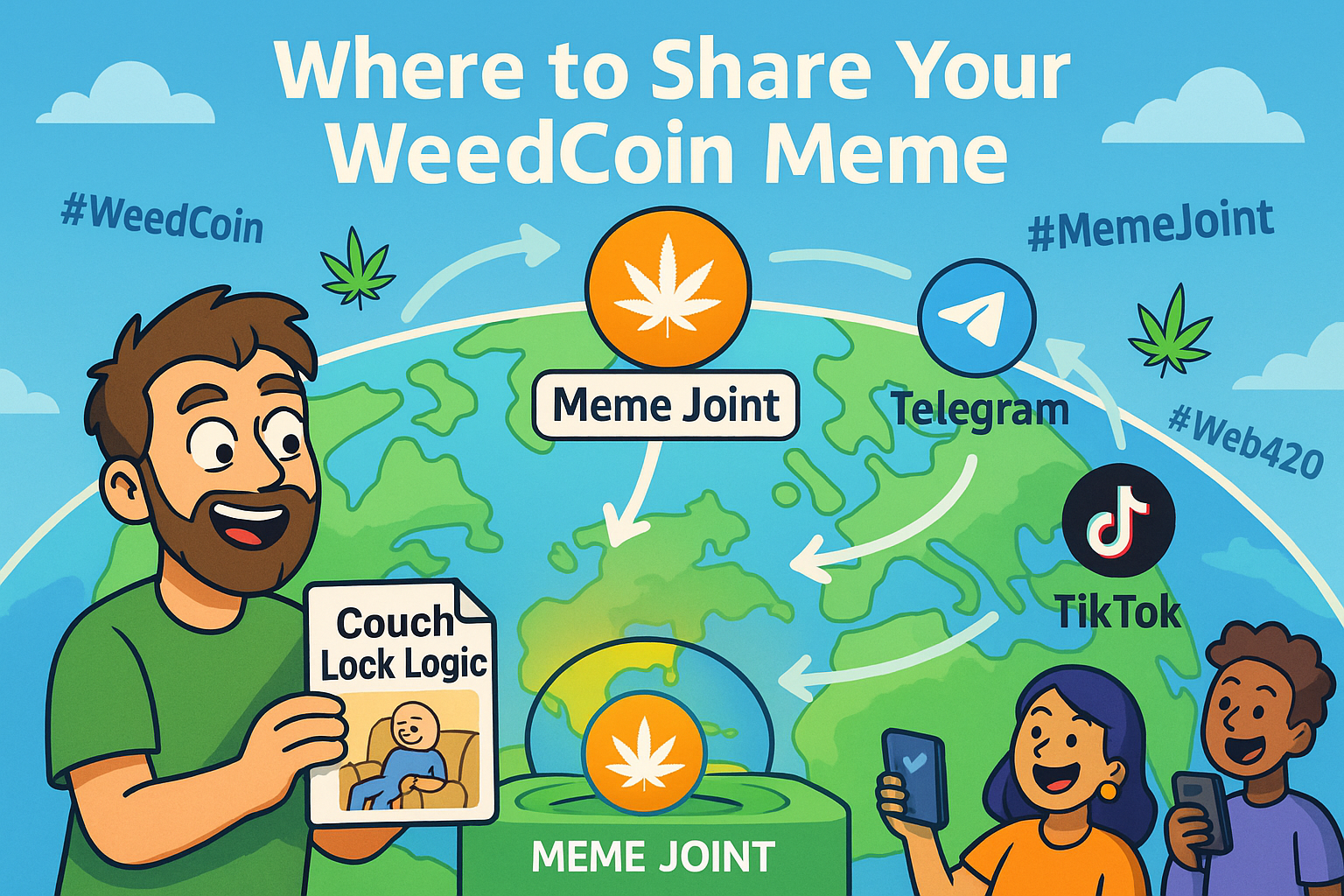 WeedCoin meme distribution map showing how memes spread from Meme Joint to social platforms
