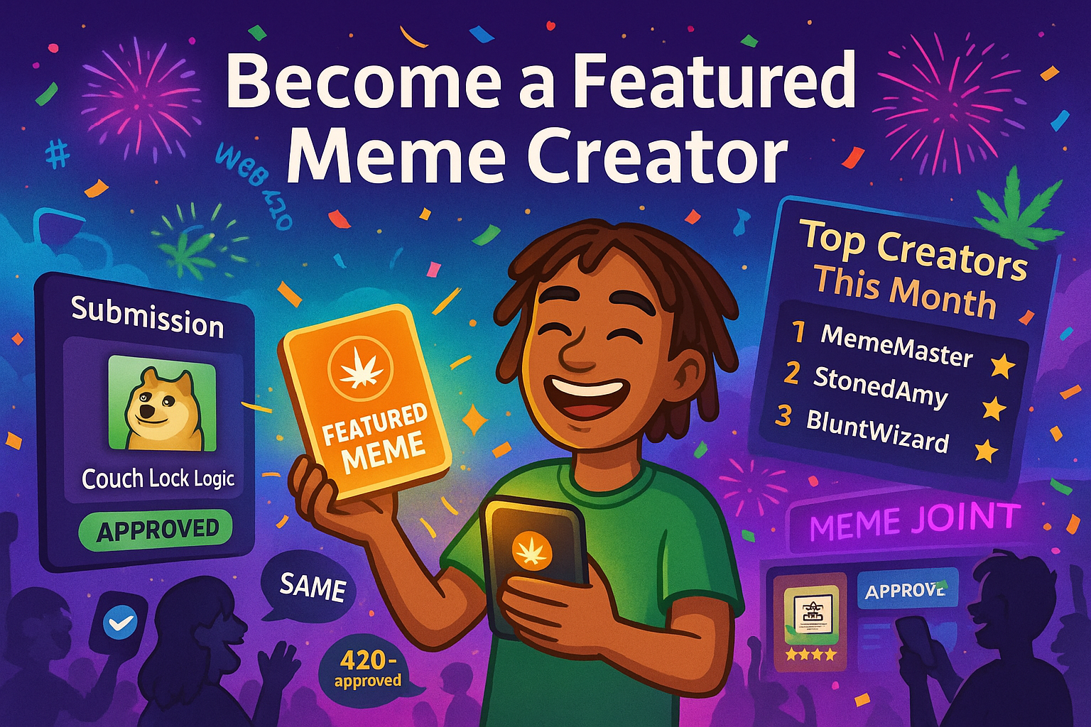 WeedCoin creator holding featured meme plaque in a digital party with leaderboard and community celebration