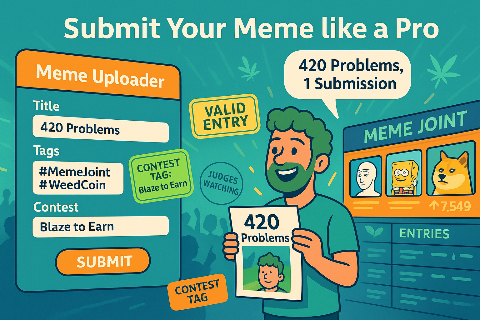 Avatar submitting WeedCoin meme entry with proper tags and contest theme selected