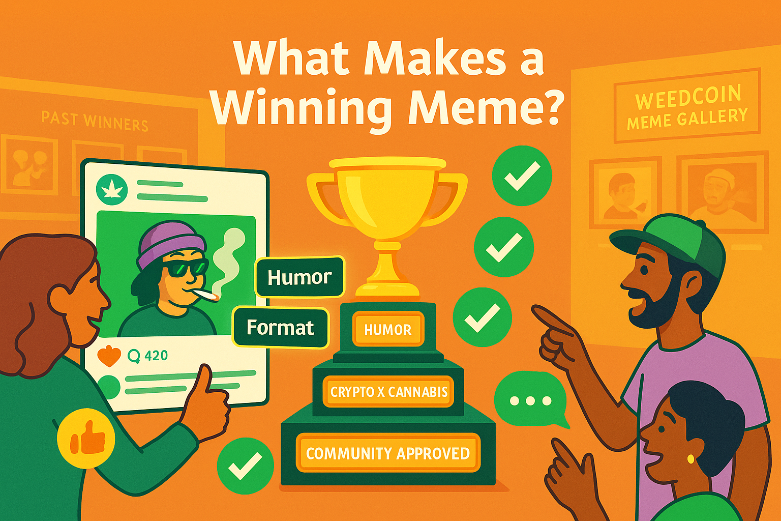 Winning WeedCoin meme post displayed with judging criteria and crowd reactions celebrating the win