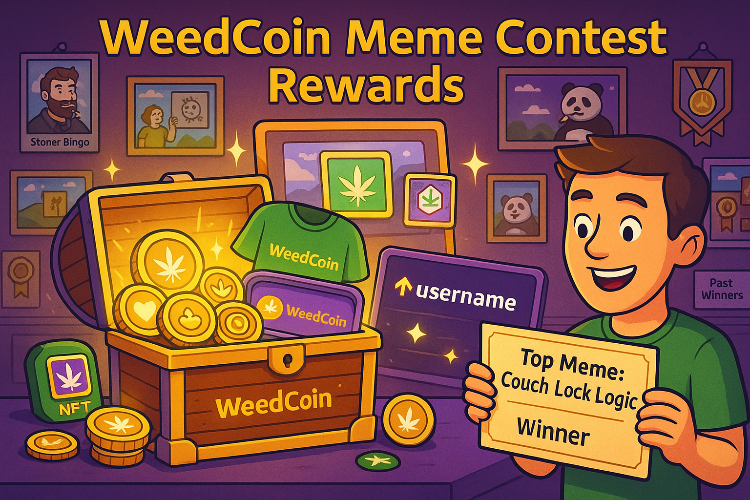 WeedCoin meme contest reward chest with WeedCoin tokens, NFTs, merch, and leaderboard badge