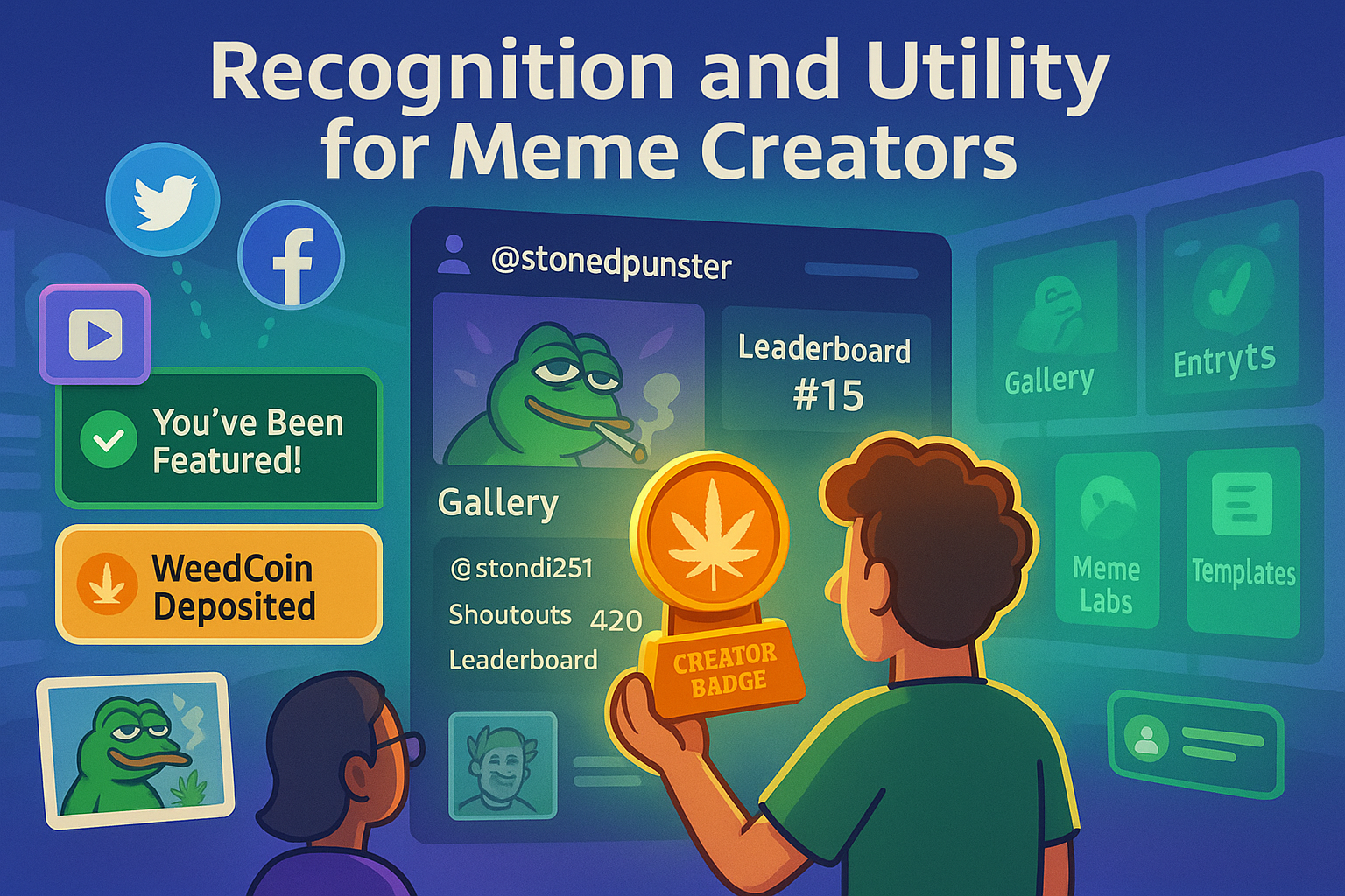WeedCoin meme creator receiving badge, tokens, and recognition inside the community dashboard