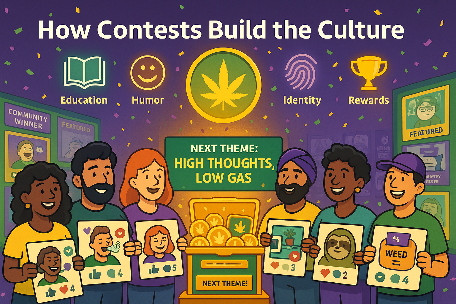 WeedCoin community gathered in circle sharing memes and building culture through contest