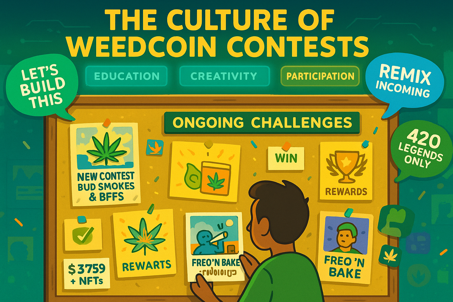 WeedCoin bulletin board covered in meme contest flyers and creator contributions to culture