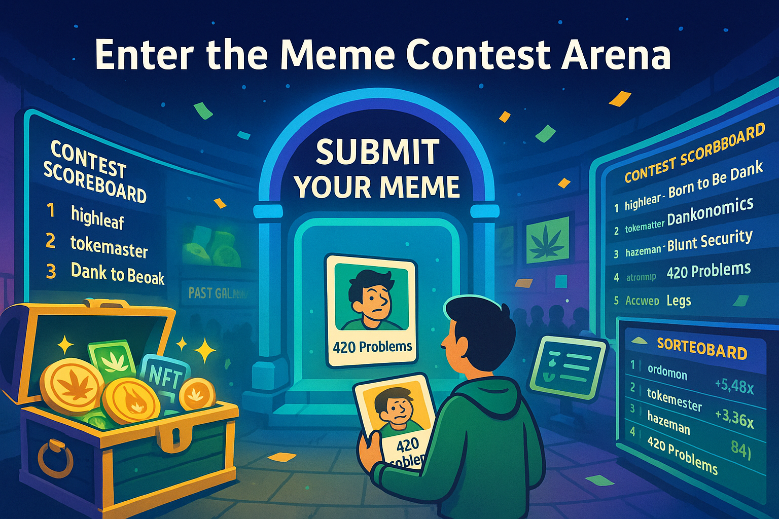 WeedCoin avatar entering digital contest arena to submit meme and compete for rewards