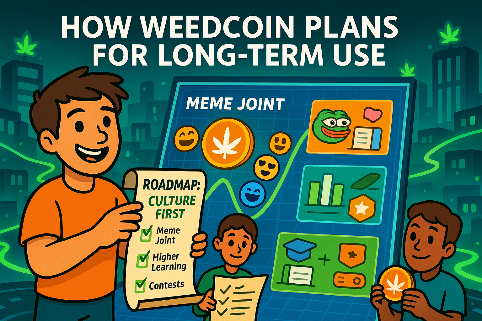 Weedcoin roadmap showing content, rewards, and education as part of its long-term growth strategy