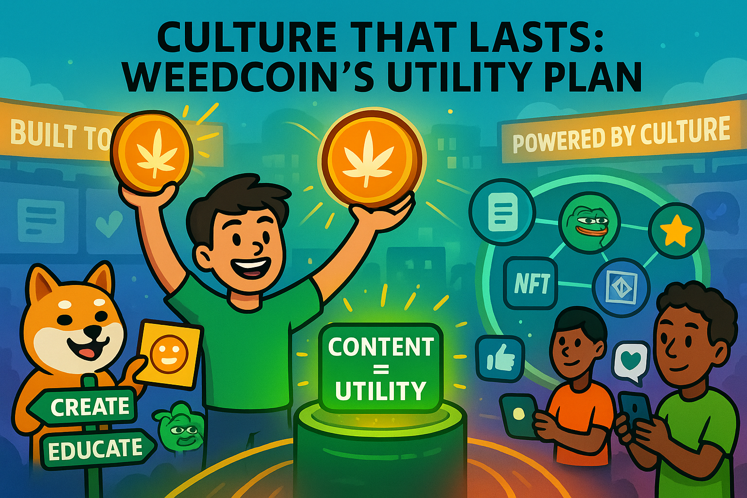Weedcoin utility platform showing content-driven long-term use plan with reward and education paths