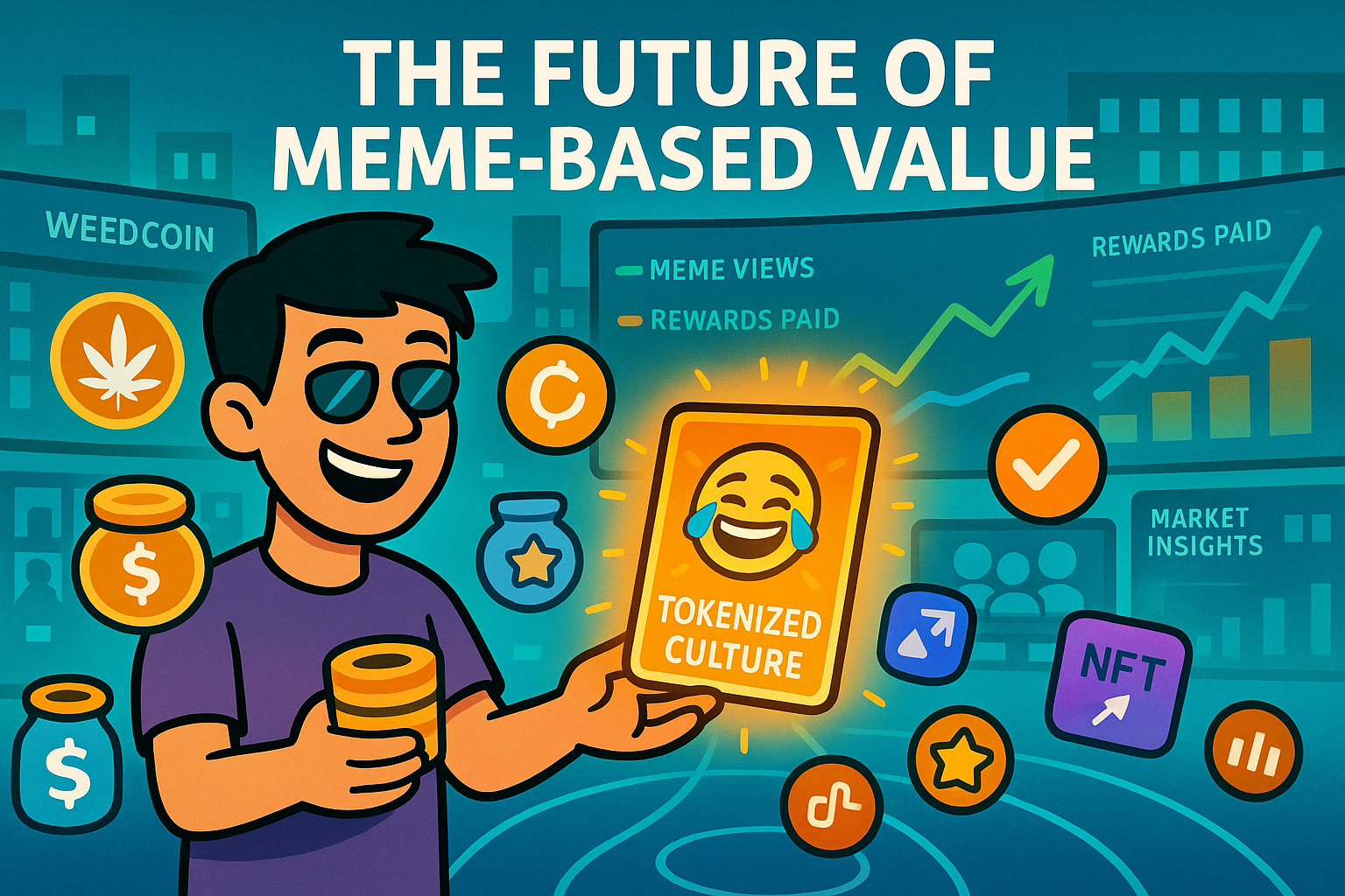 Weedcoin creator holding meme NFT surrounded by reward icons, charts, and future meme economy tools