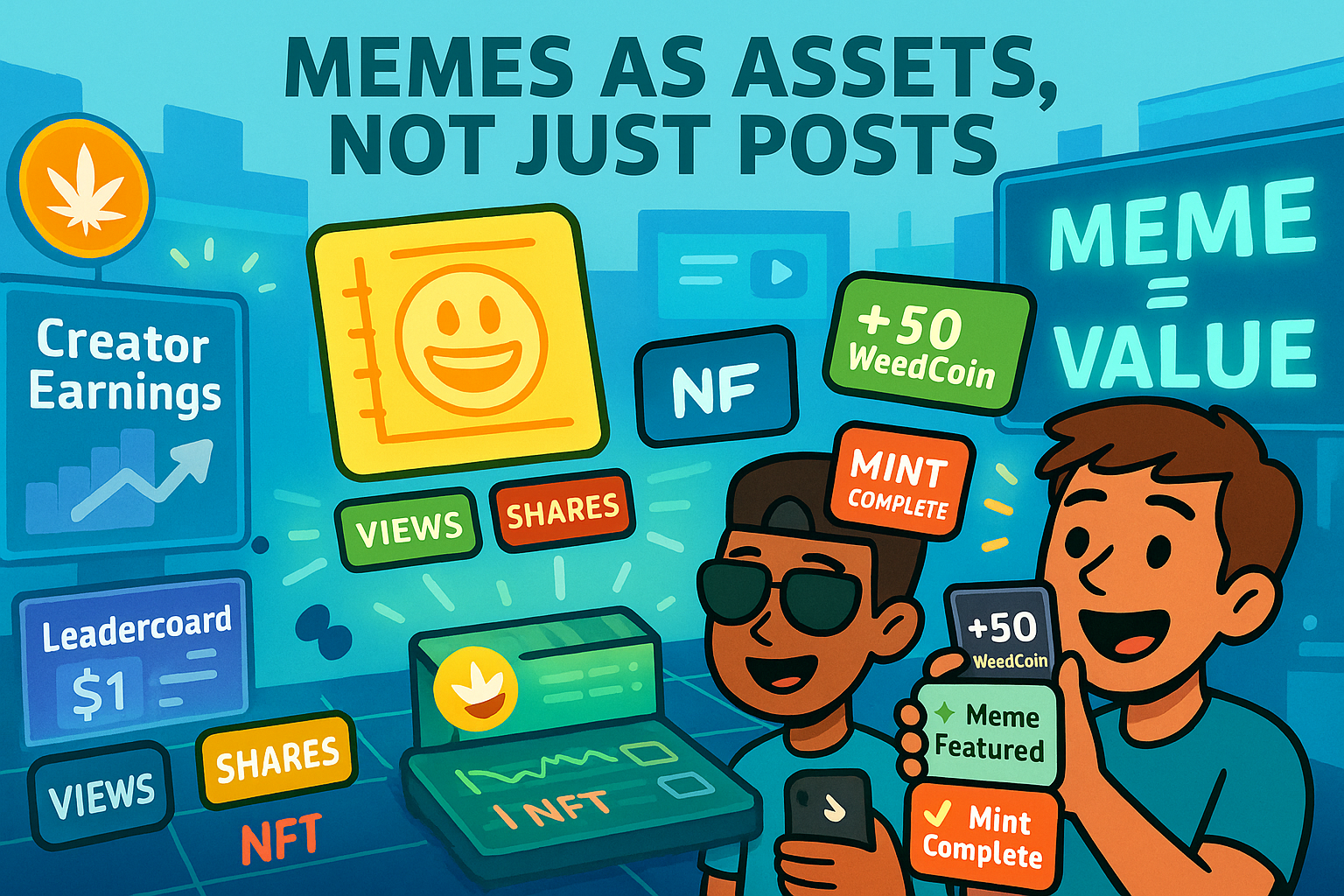 Weedcoin meme displayed as NFT with blockchain data, earnings alerts, and community leaderboard metrics