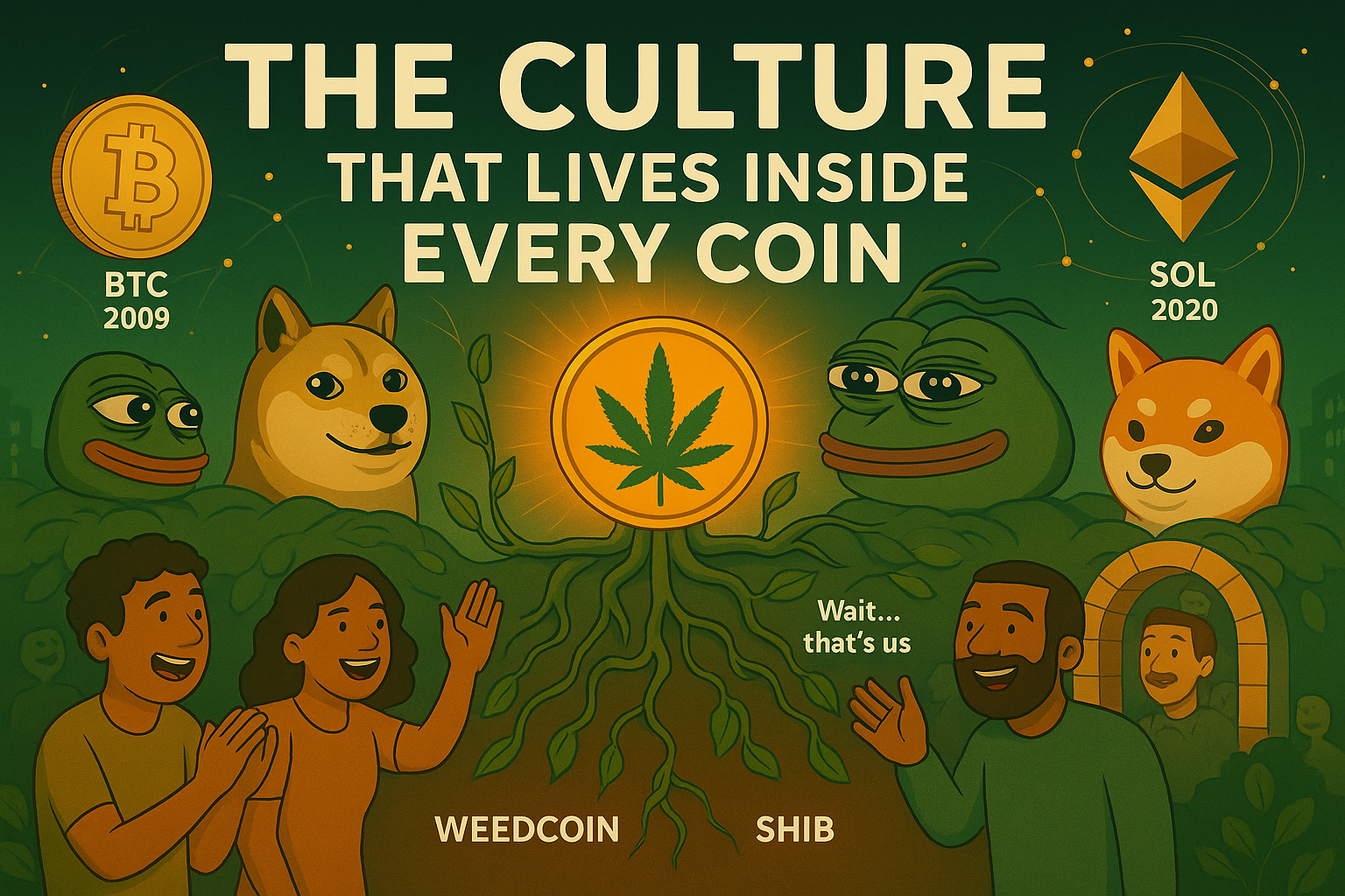Weedcoin at the center of crypto culture, surrounded by meme legends and legacy coins